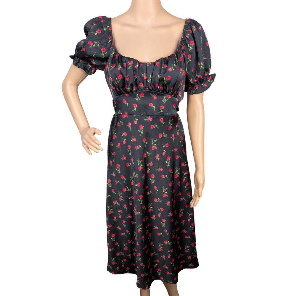 Inspired Hearts Black Rose Floral Satin Milkmaid Midi Dress Grunge Romance SZ M
